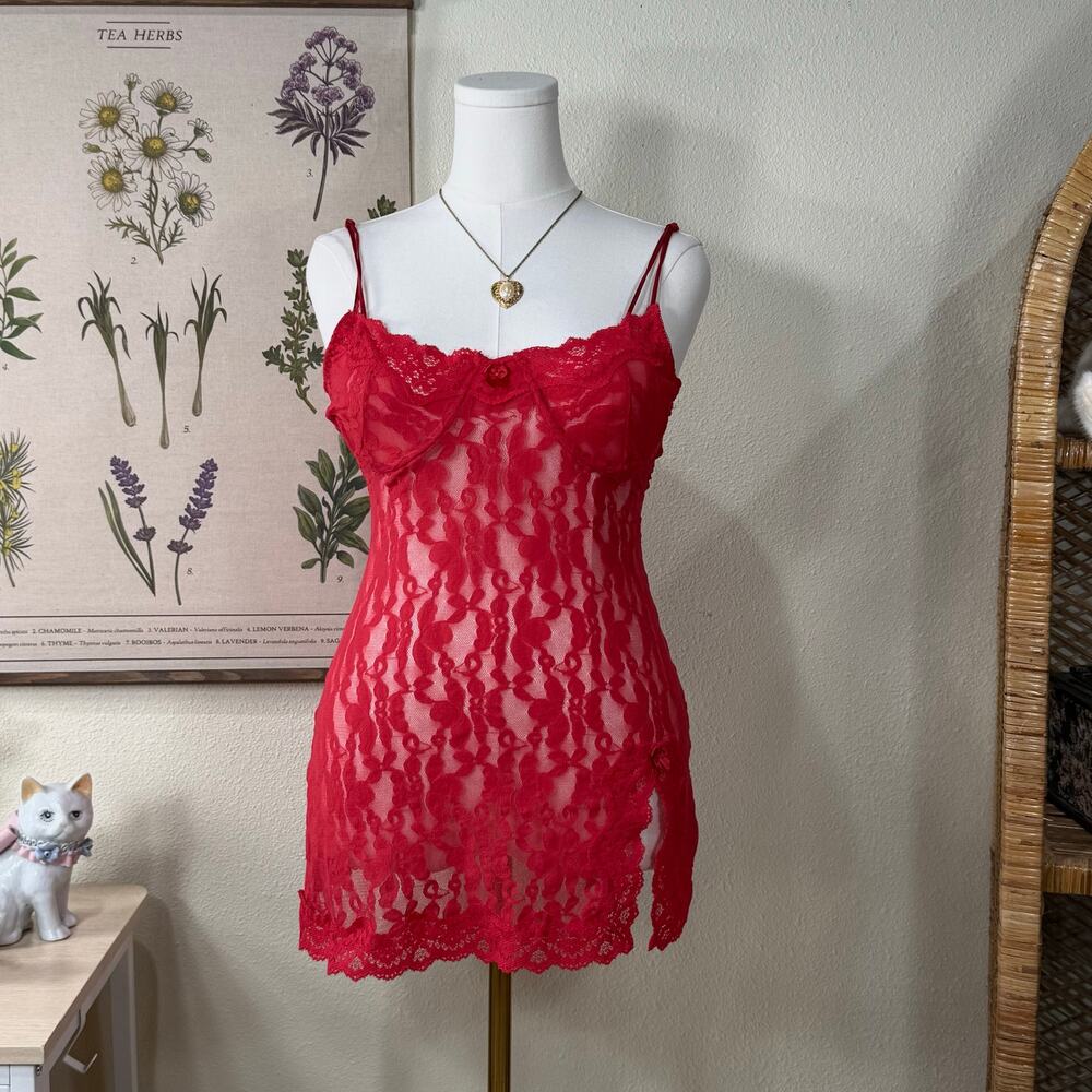 Vintage 90s Y2k Red Sheer Lace Nylon Mini Slip Dress Lingerie Romantic Sexy M
